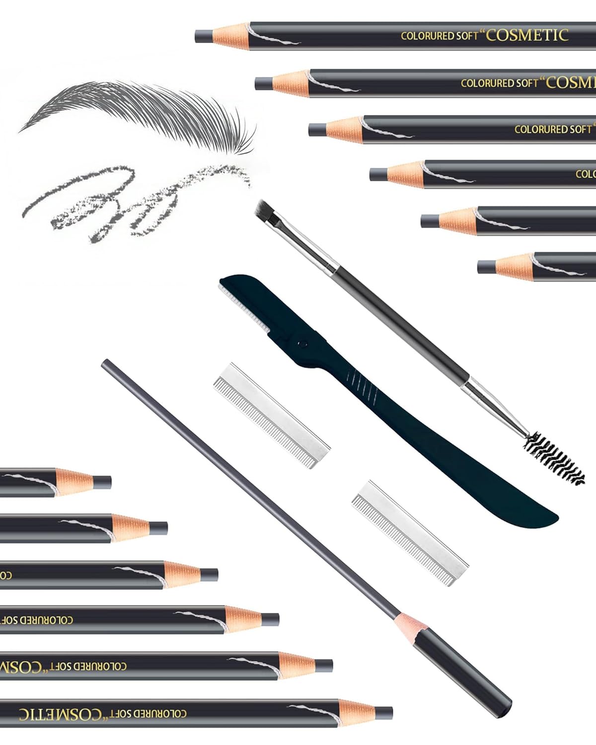 12 Piece Gray Waterproof Eyebrow Pencils for Women w/Microblading Eyebrow Pencil & Brow Trimming