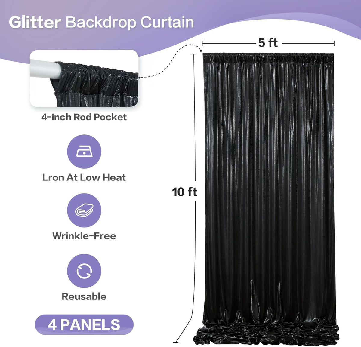 gogoparti 20x10FT Black Sequin Backdrop Curtain - 4 Panels of 5x10FT Wrinkle-Free Glitter Drapes