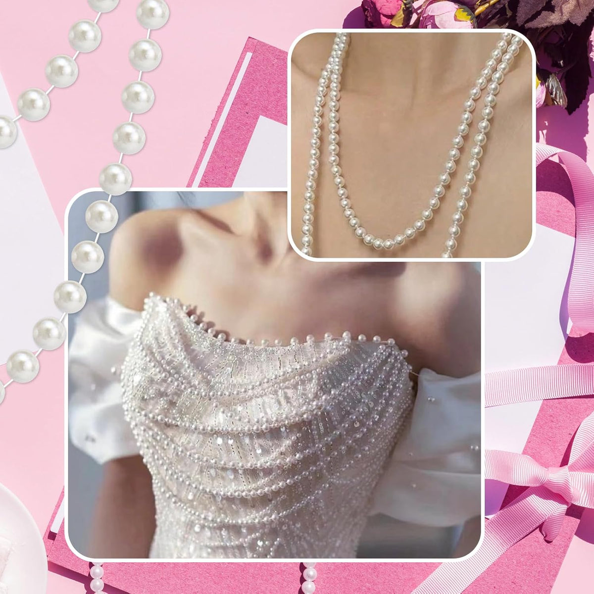 99 Feet 4mm Faux Pearl Strings Garland for Crafts, Artificial Pearl Beaded Trim Chain Strands for