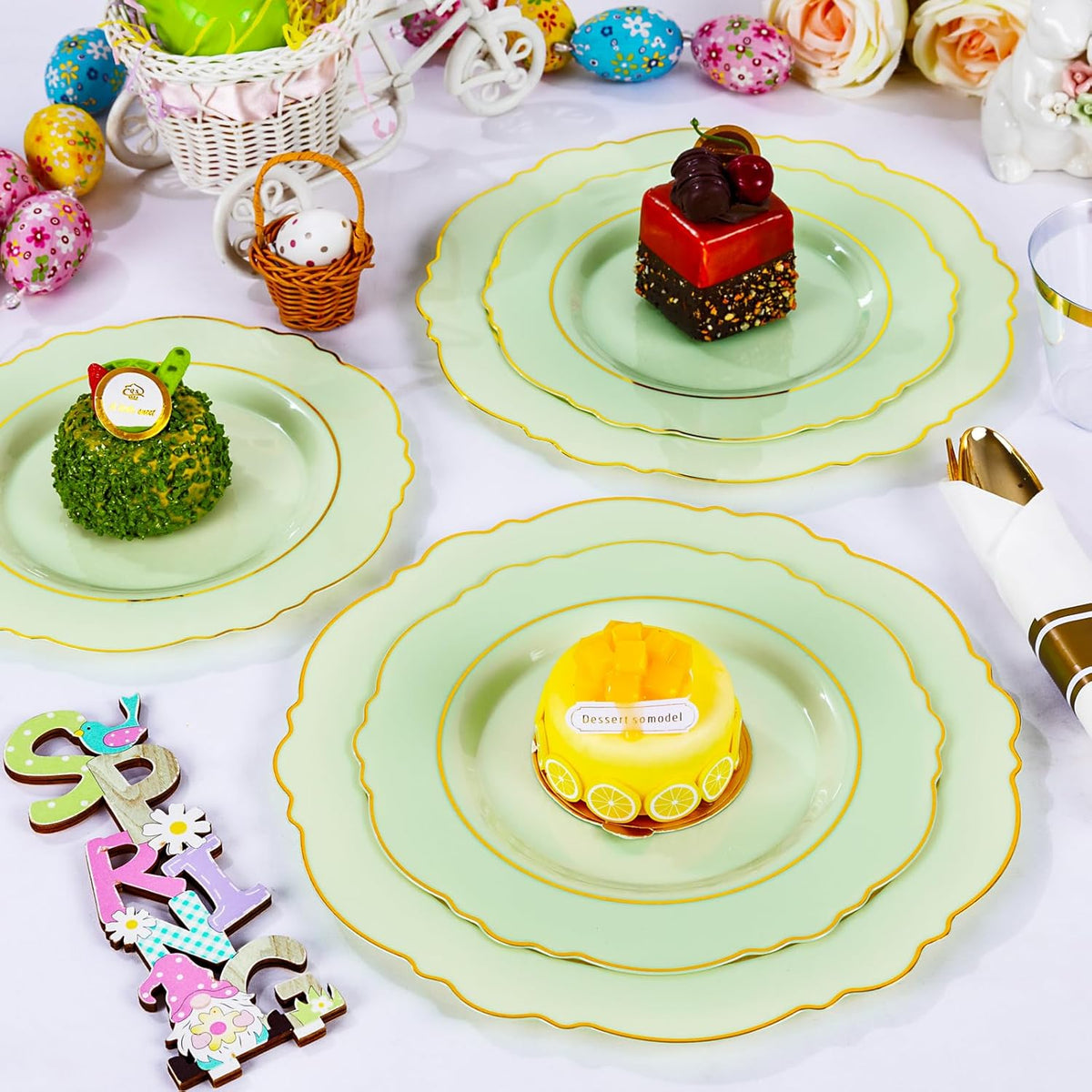 Liacere 350PCS Light Green Plates - Disposable Green and Gold Plastic Plates 50guest Baroque