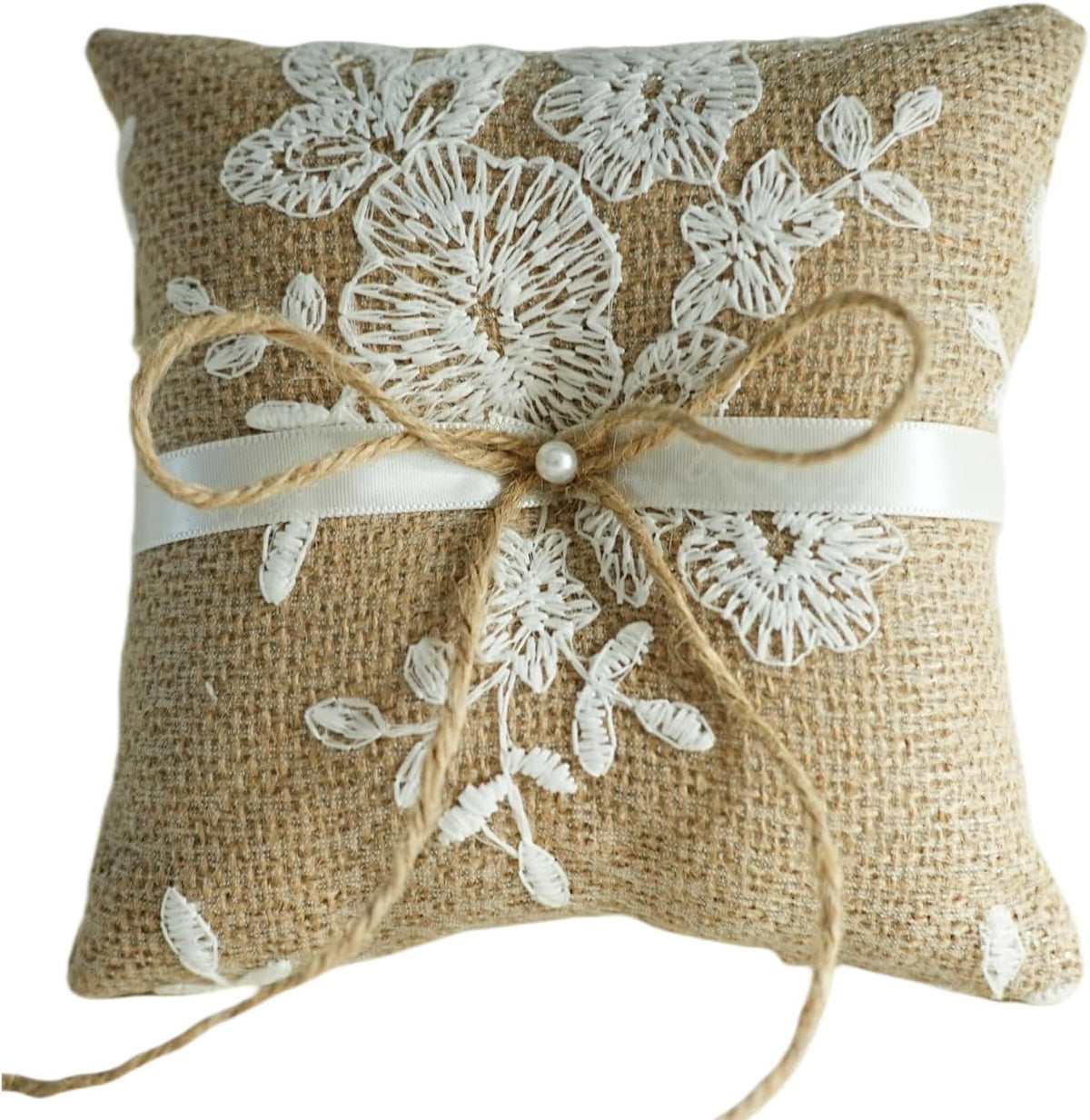 QIRMIZI Vintage Rustic Burlap Ring Bearer Pillow - Elegant Fall Wedding Décor with Lace, Bow, and
