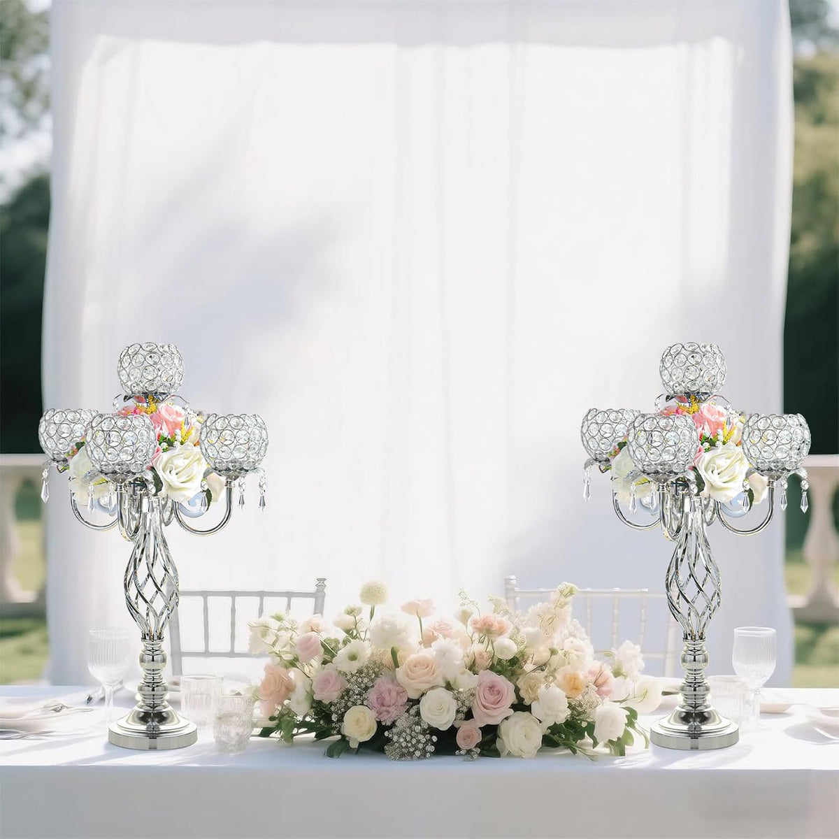 5-Arm Crystal Candelabra Centerpiece 23.2" Tall - Elegant Candle Holder Stand with Crystal Bowl