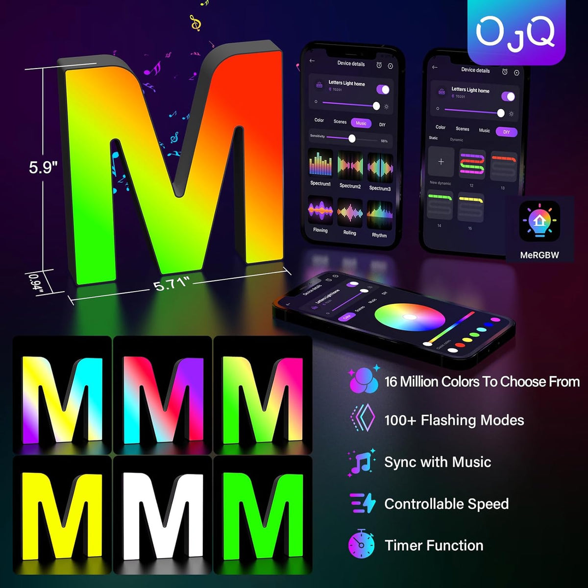 OJQ Light Up Letters LED Letter - Marquee Letters Room Decor Alphabet Letter Music Sync Color