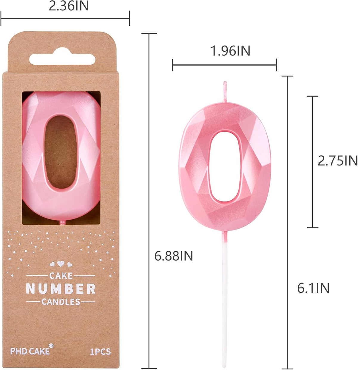 PHD CAKE 2.76 Inch Crystal Pink 0 Number Birthday Candles, Pink Number Candles, Cake Number