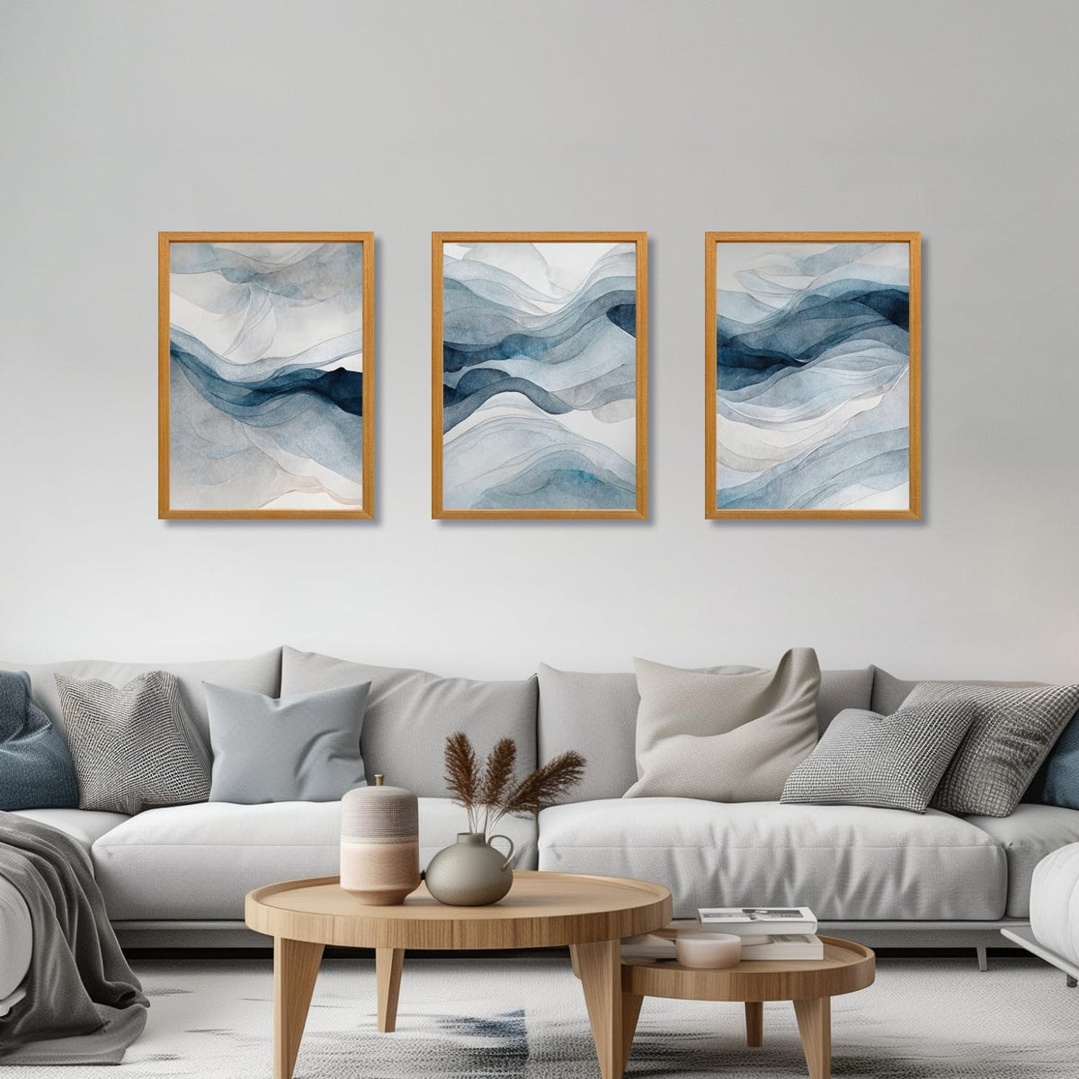 IAFWZX Wood Framed Blue Gray Abstract Wall Art, Modern Minimalist Waves Wall Decor, Neutral