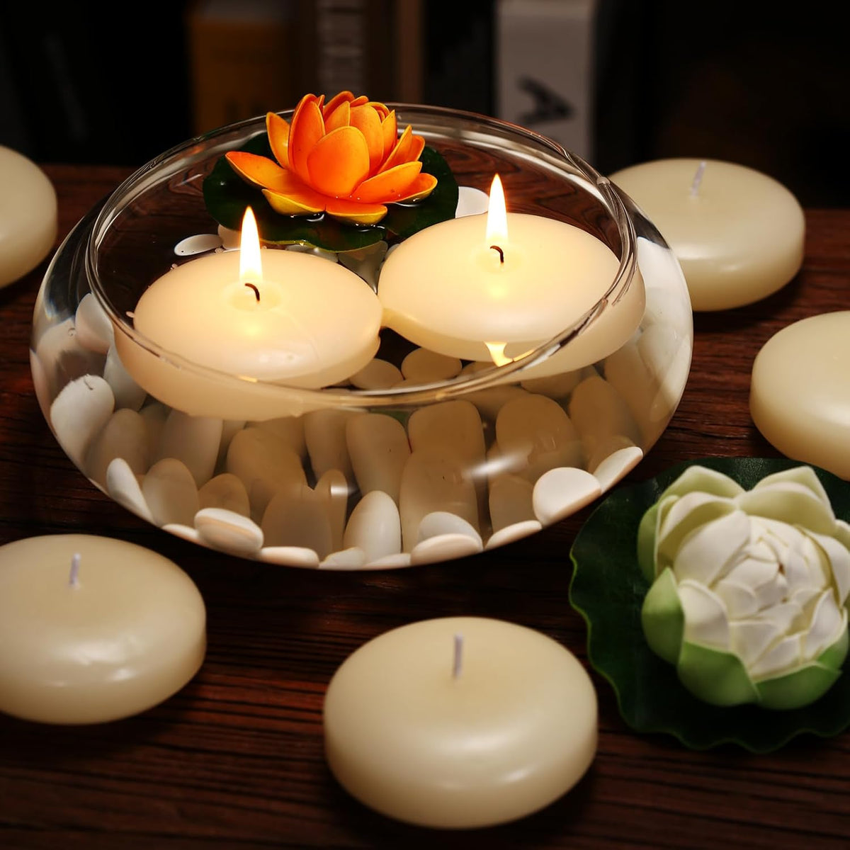 24 Pack Floating Candles, 3” Ivory Unscented Dripless Wax Burning Candles, for Weddings, Party