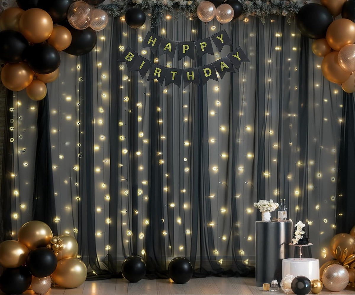 Black Backdrop Curtains with Lights String for Parties Wedding Bridal Shower 10×10ft Sheer Tulle