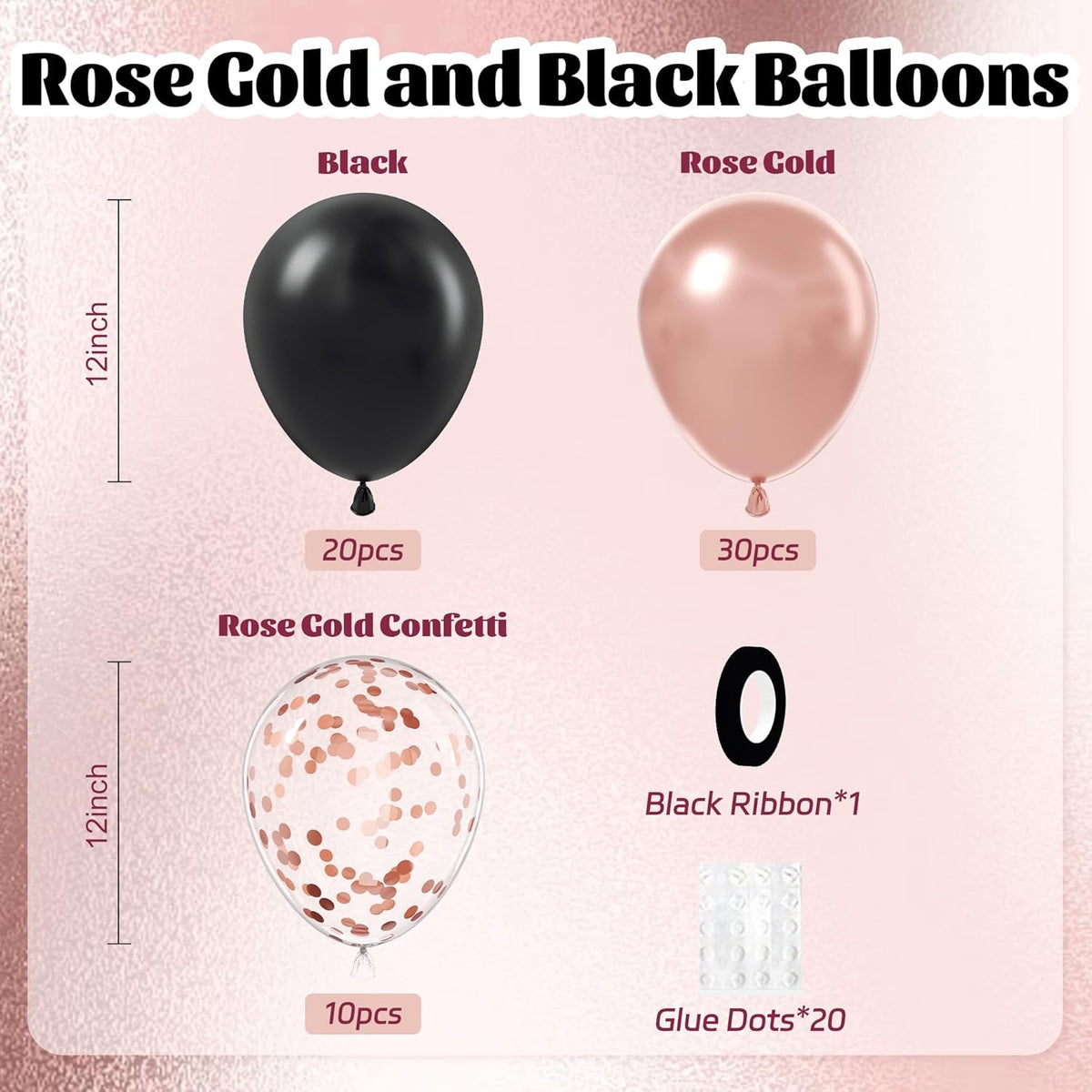 60pcs Rose Gold and Black Balloons 12inch with Rose Gold Confetti Balloons for Wedding Graduation