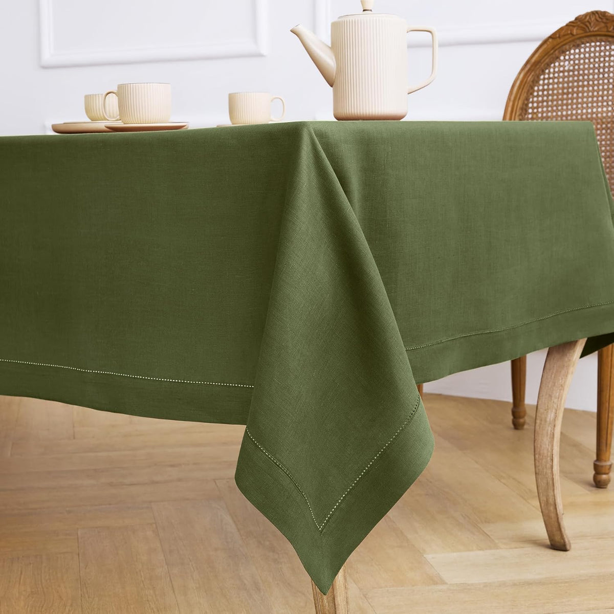 Solino Home Olive Linen Tablecloth 60 x 120 Inch - 100% Pure Linen Hemstitch Table Cloth for