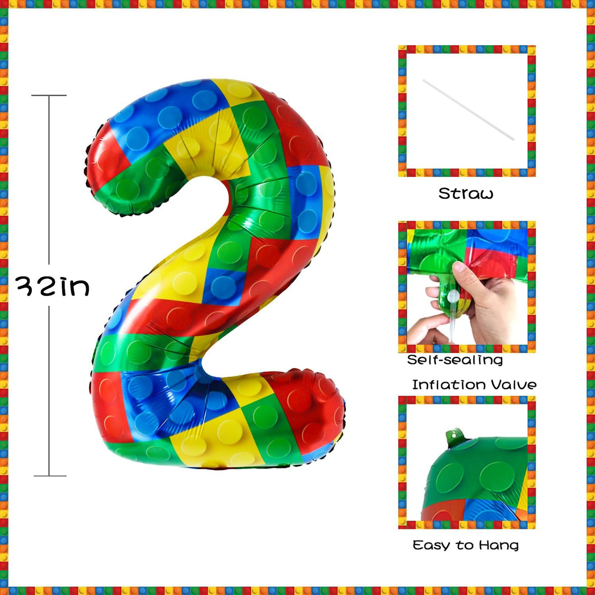 32 Inch Stackable Block Number Balloon – Colorful Brick Building Themed Big Helium Digits for Kids