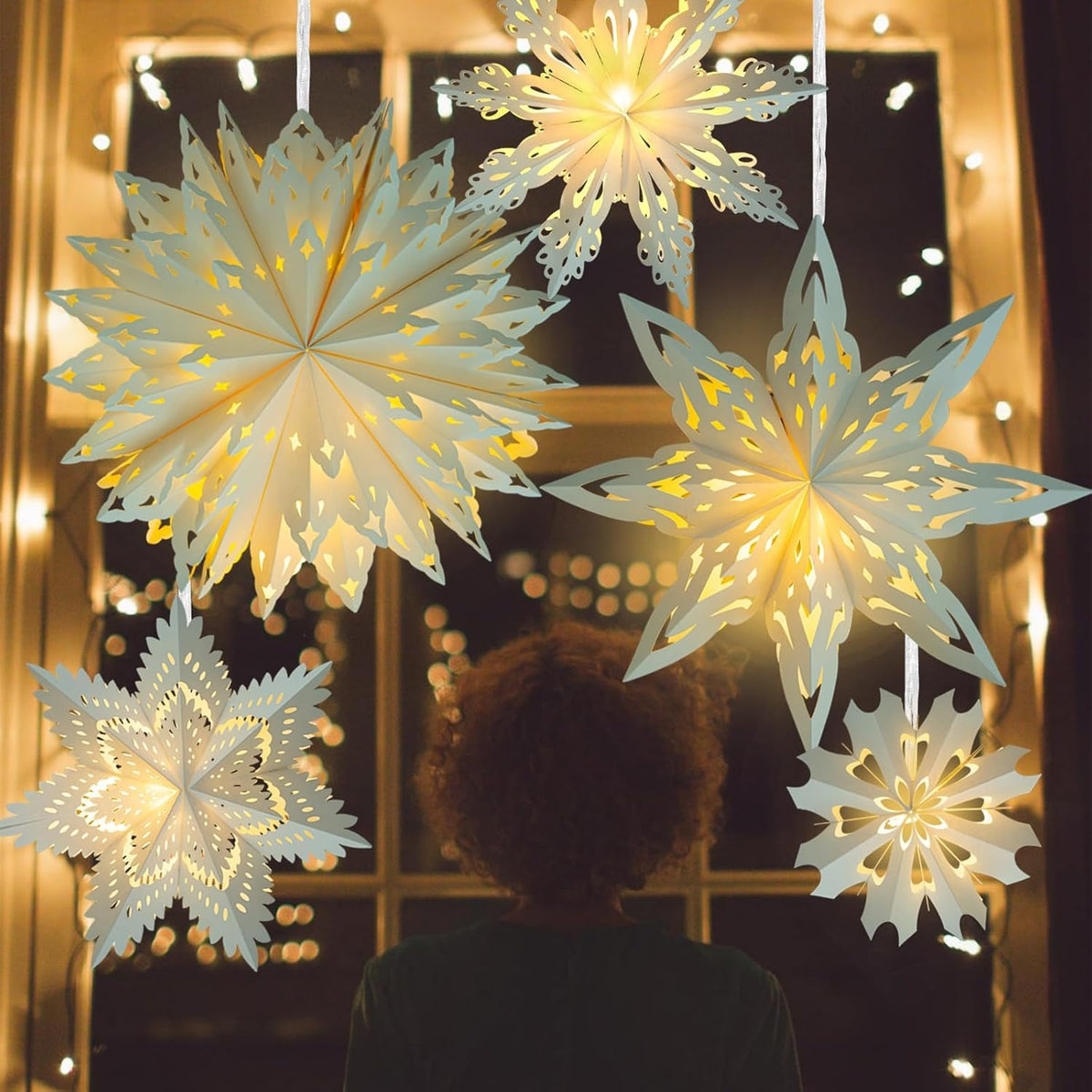 5 Pack Christmas Paper Snowflake Lanterns, Christmas Paper Star Lantern with LED Light White