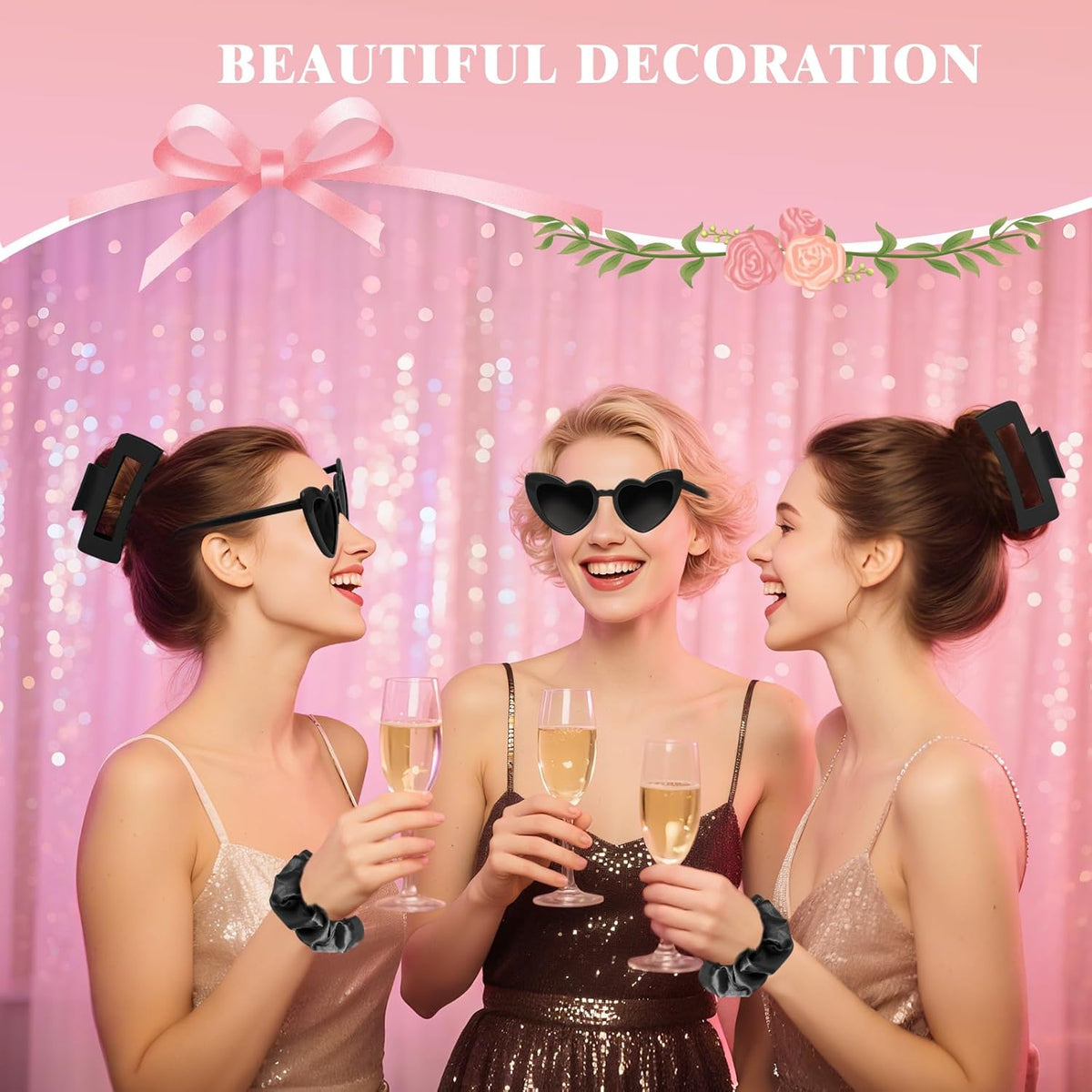 Black Bridesmaid Gift Box for Proposal, 8PCS Hair Claw, Scrunchies, Makeup Clips & Heart Sunglasses