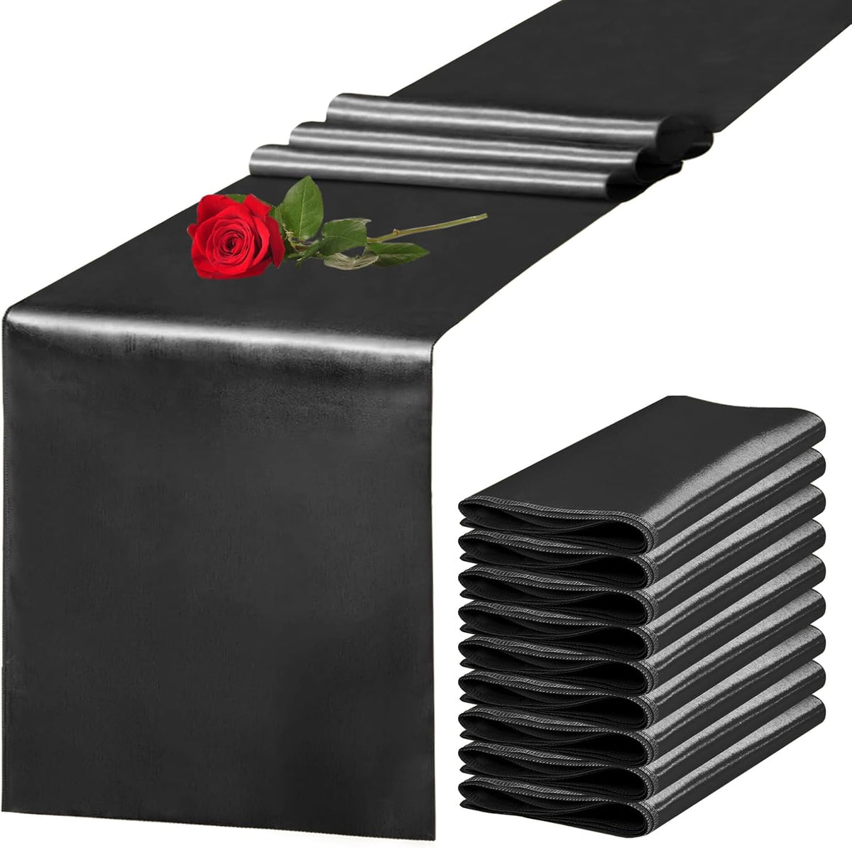 10 Pack Satin Table Runner 12 x 108 Inch Long Black Silk Table Runner for Wedding Party Banquet