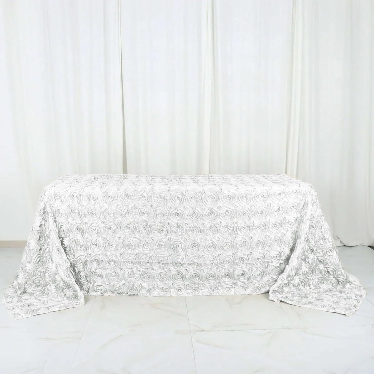 Efavormart 90"x132" Wholesale Rectangle Table Cover White Grandiose Rosette 3D Satin Tablecloth for