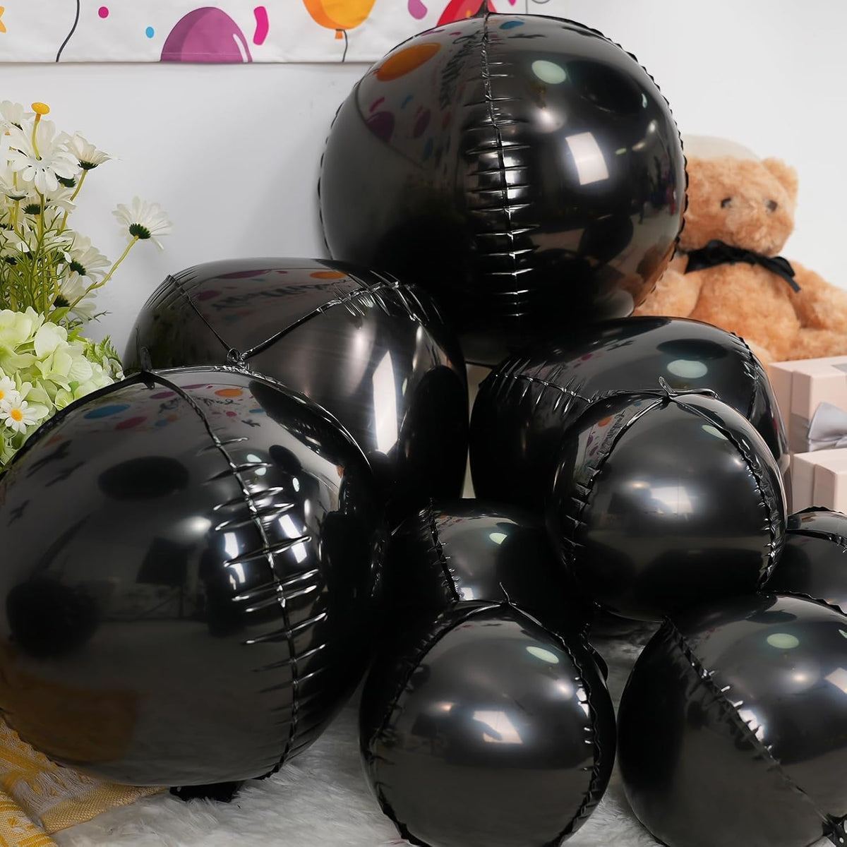 12Pcs Black Round Foil Balloons, 22" 15" 10" Metallic Black 4D Ball Balloons for Birthday