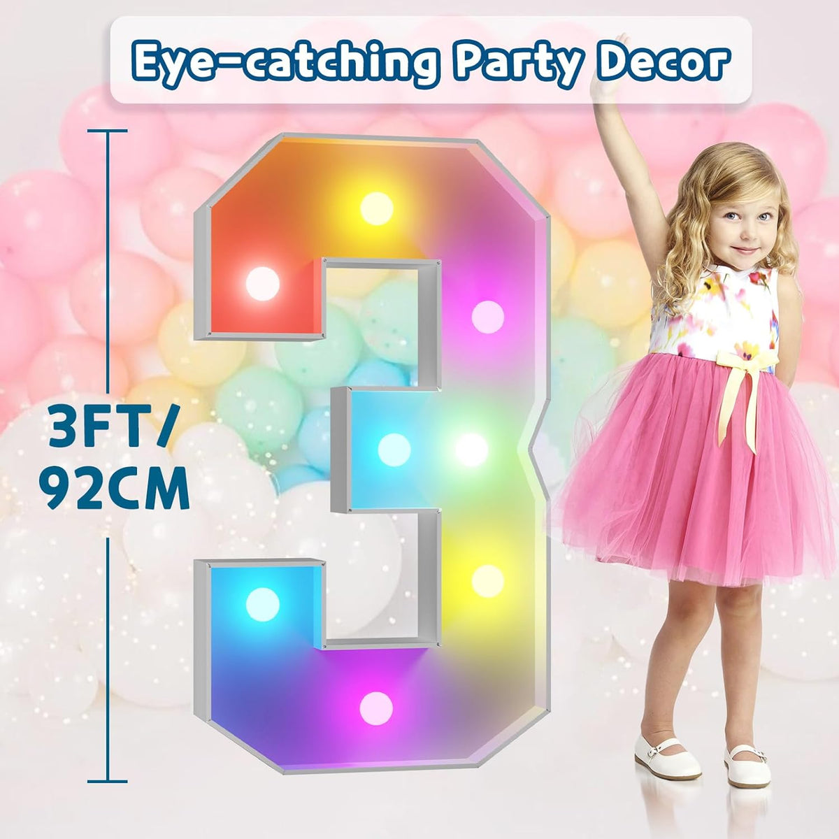 imprsv 3FT Colorful Marquee Numbers,18 Colors Number 3 with Remote, Light Up Numbers Sign for 3rd