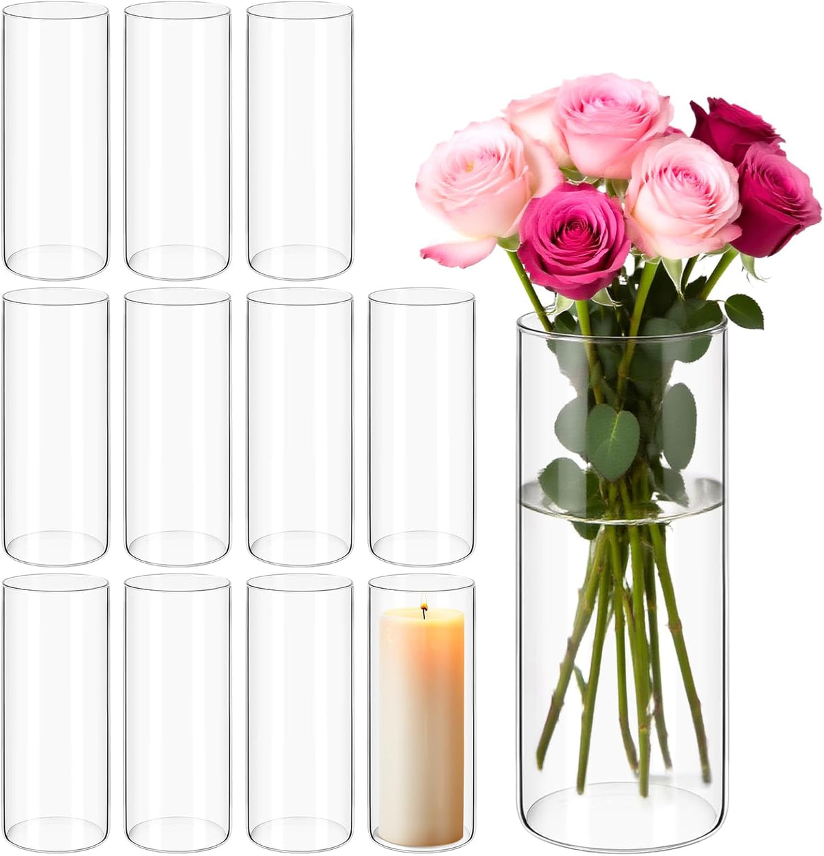 12Pack Glass Cylinder Vases for Centerpieces - 8 Inch Tall Flower Vase for Wedding Decorations