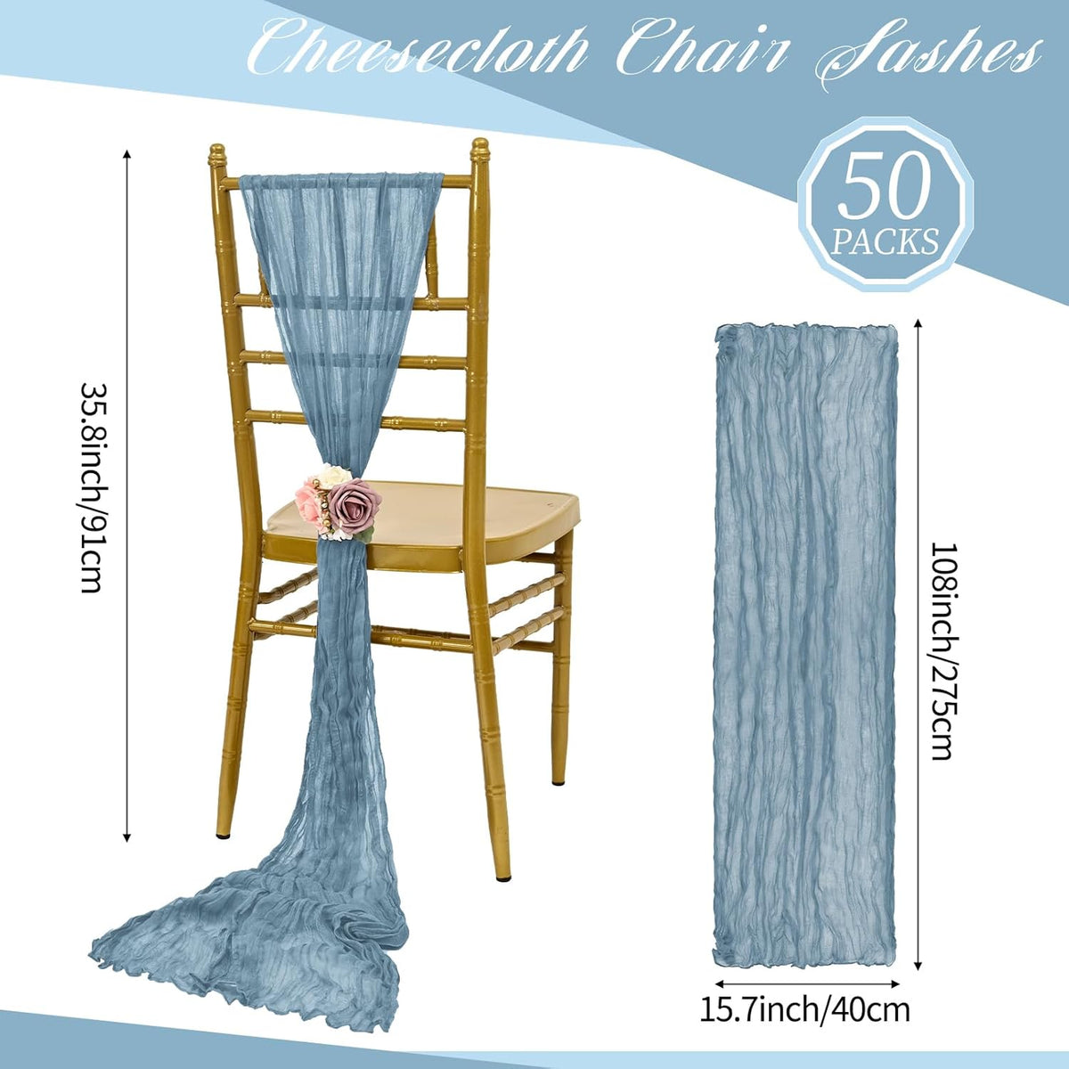 50 PCS Cheesecloth Chair Sashes, Bows Designed ChairSashes, 15.7x108 inch Chair Sashes for Aisle