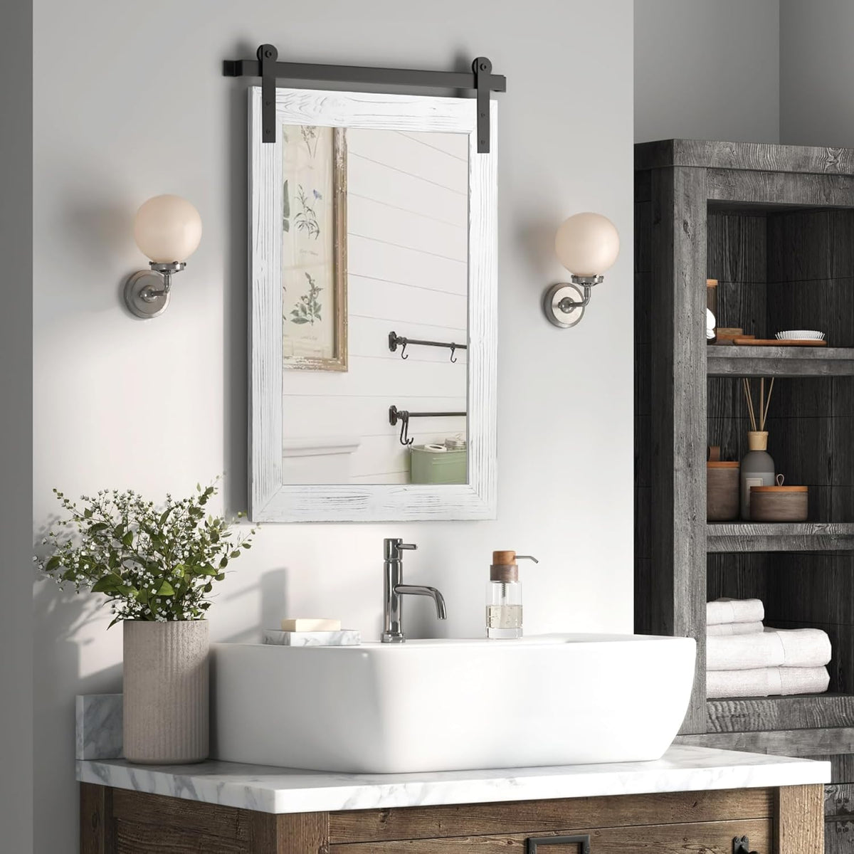 COGOOD Farmhouse Barn Door Mirror - 26" X 17" Rustic Wood Framed Wall Mirror for Bathroom, Living