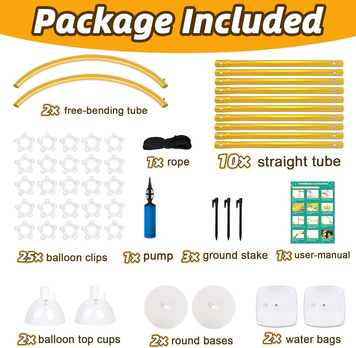 AerWo [Upgraded] Balloon Arch Kit 8.2ft+6ft, Gold Half Balloon Arch Stand with Base, Free Bending