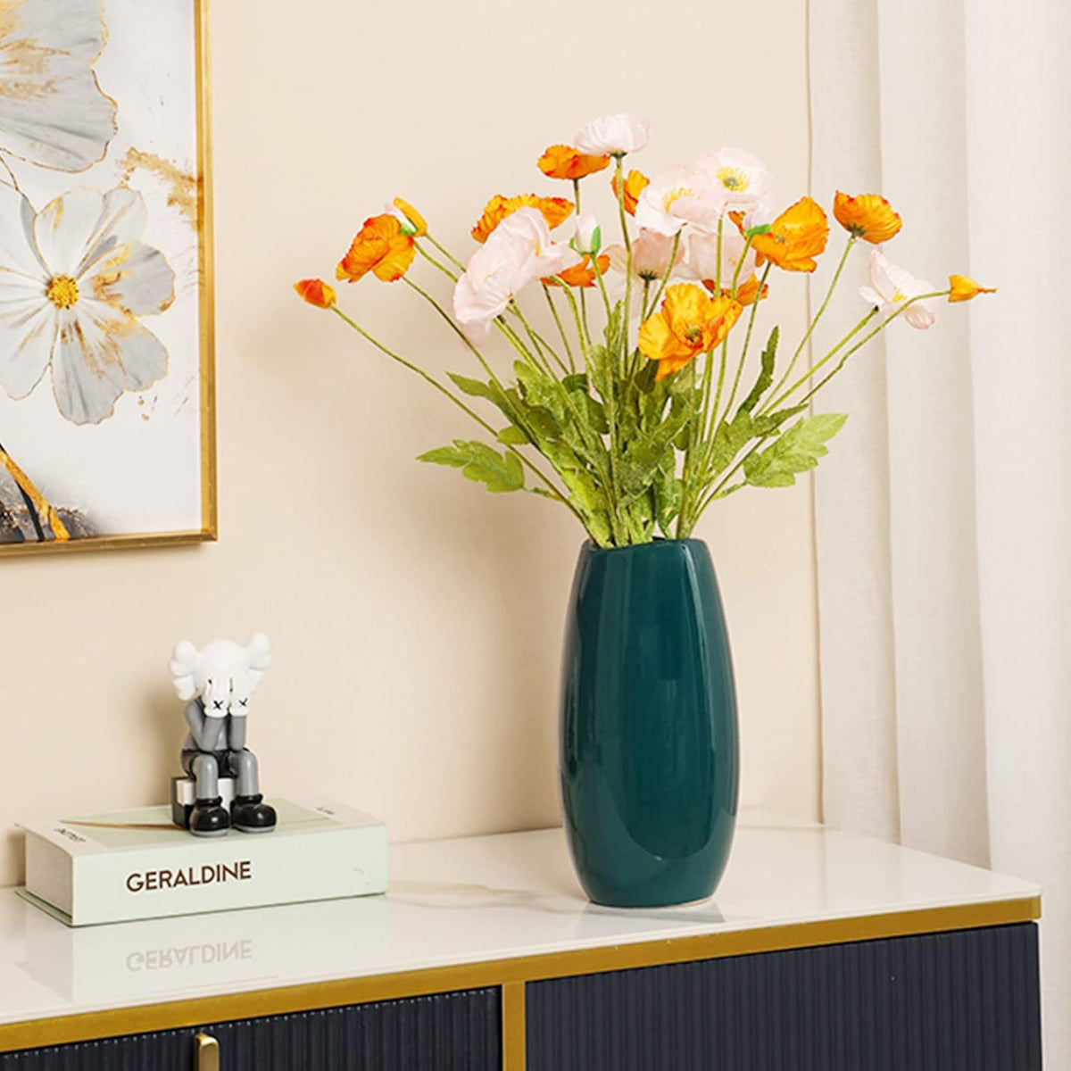 hjn Ceramic Vase Set of 3 Teal Flower Vase for Home Decor, Modern Decorative Vase for Flowers Vases