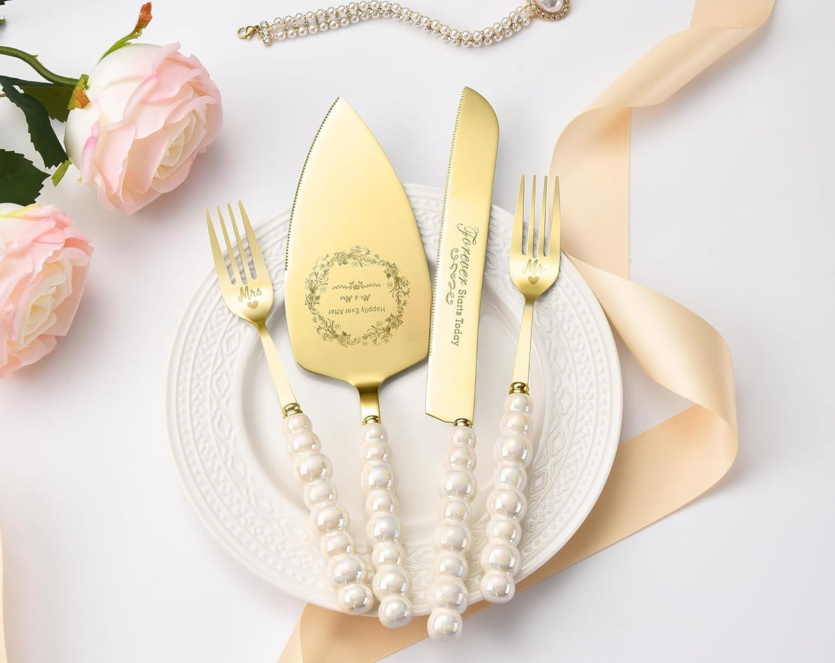Wedding Cake Knife and Server Set,Gold Cake Cutting Set for Wedding,Ceramic Pearl Handle Wedding