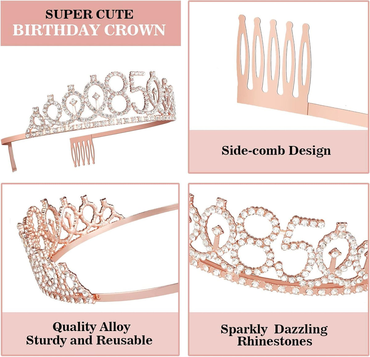 85th Birthday Party Decorations Including Sash, Crown, Numeral Candles and Cake Topper, Rose Gold