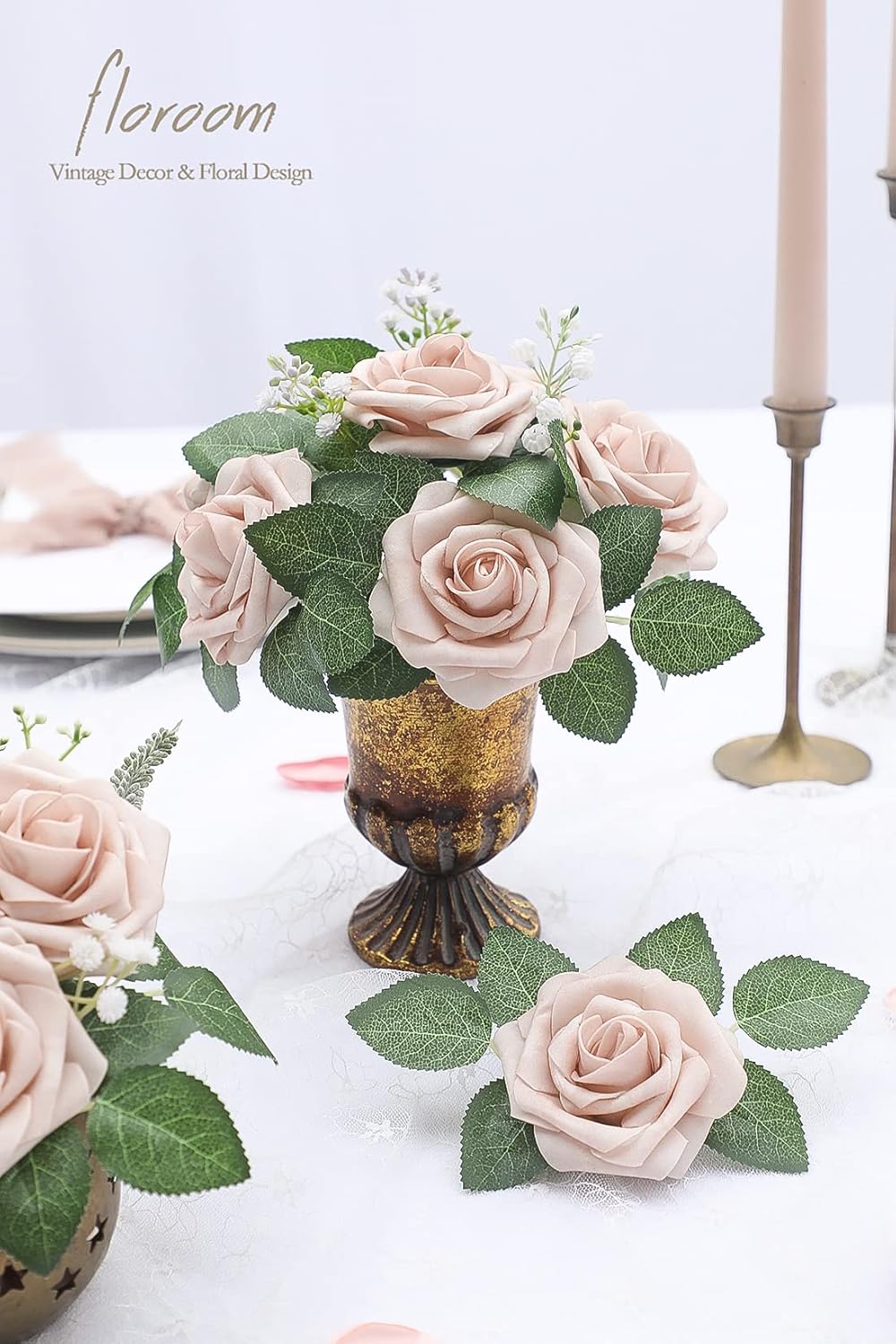 Floroom Artificial Flowers 25pcs Real Looking Nude Foam Fake Roses with Stems for DIY Wedding