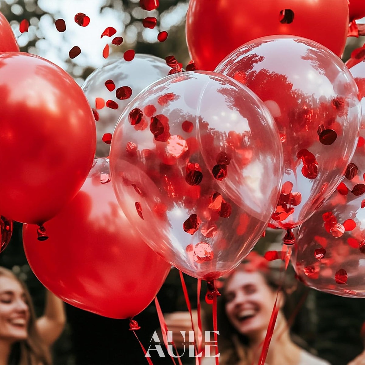 AULE Party Balloons Pack of 42-12in Red Confetti Balloons & Red Latex Balloons and 64ft Ribbons
