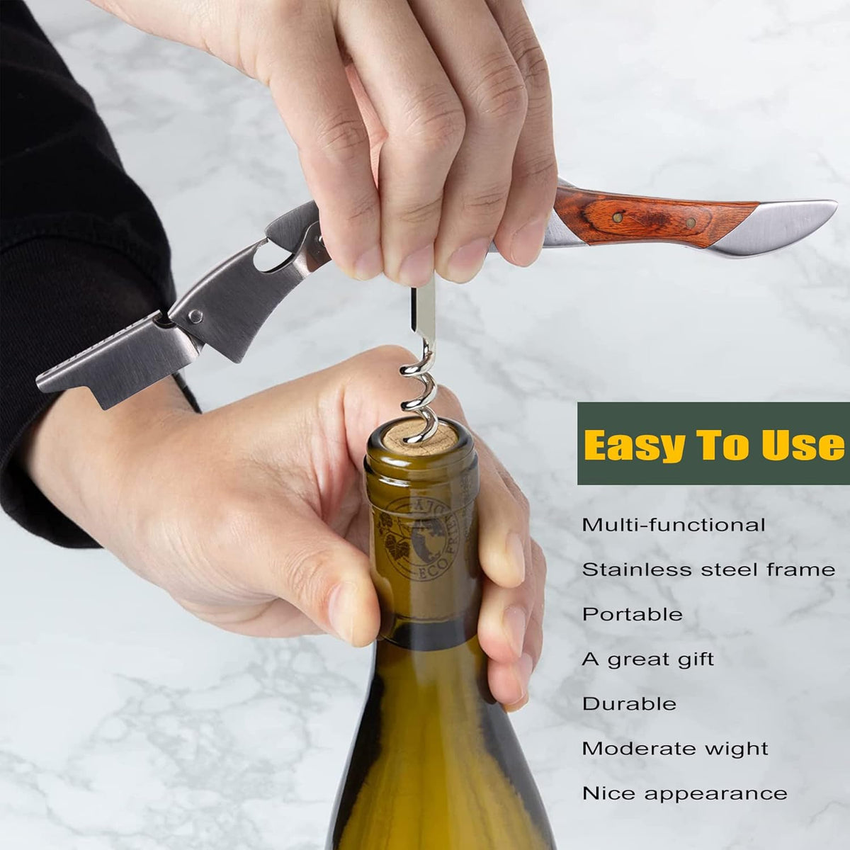 Waiters Corkscrew, Wine Bottle Opener, Heavy Duty Stainless Steel, Rosewood Handle, Shark Shaped