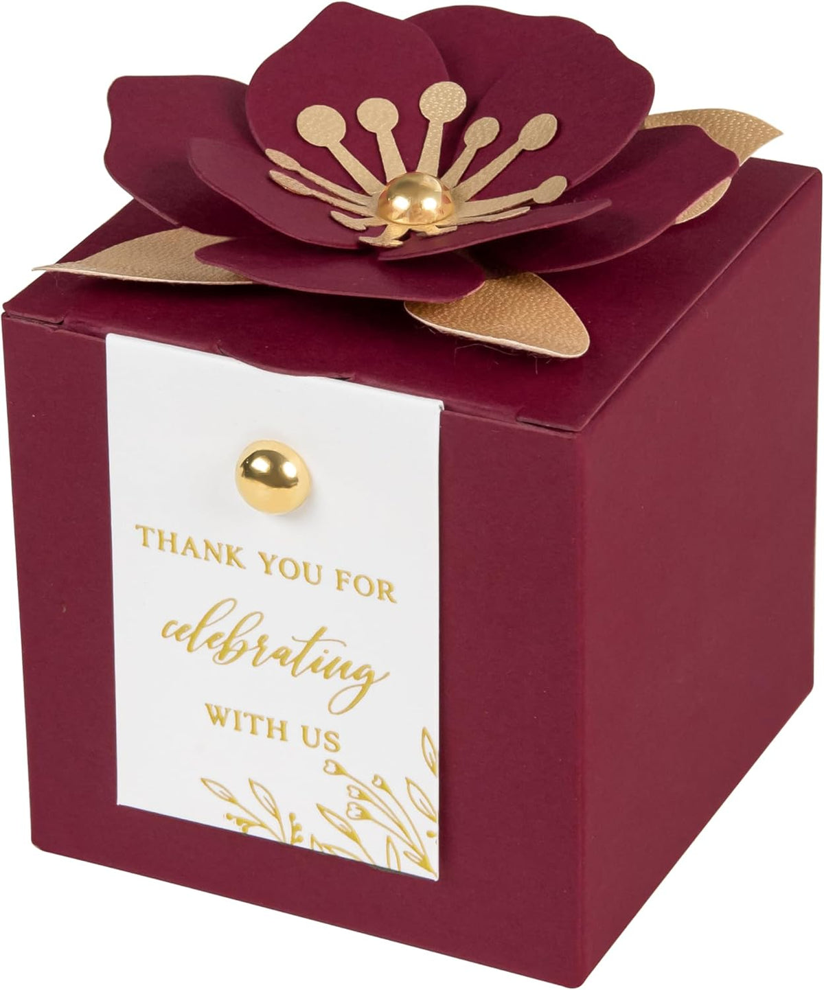 FEIYI 20 PCS Favor Boxes, 3 In 1Burgundy Candy Boxes with Floral Decor, White Thank You Tags Gold