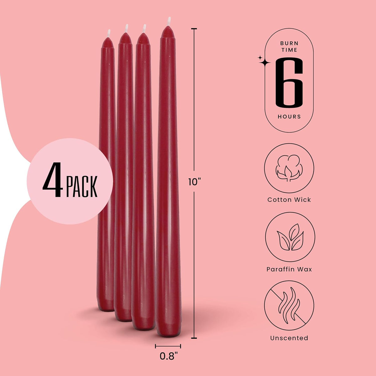 Leor & Lair Red Taper Candles for Christmas - 4 Pack 10" Dark Red Candlesticks - Unscented Long