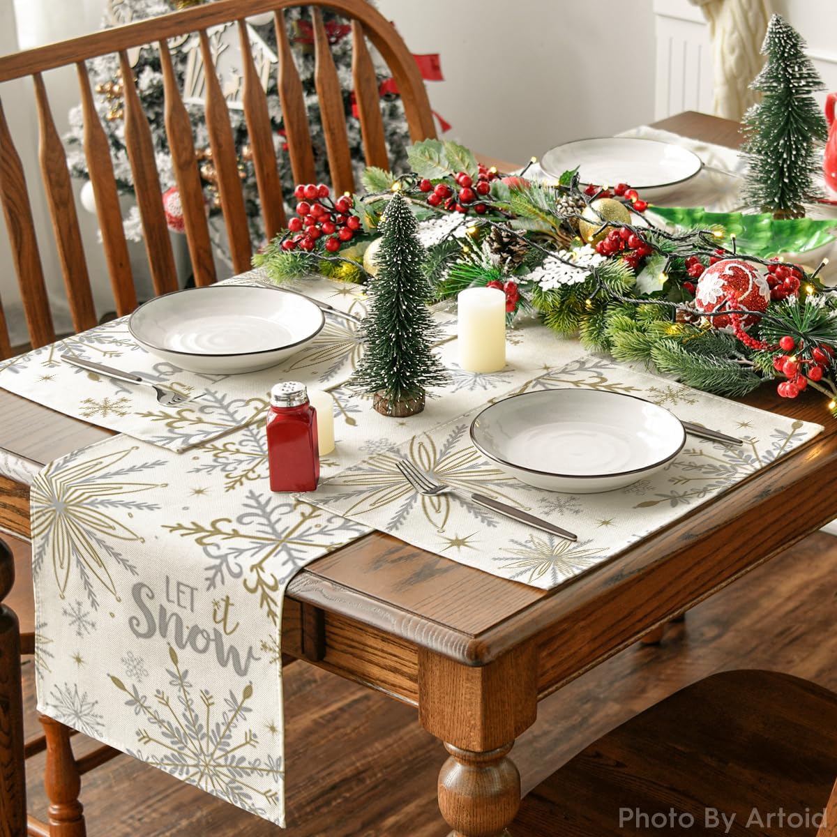 Artoid Mode Beige Snowflake Let It Snow Winter Placemats Set of 8, 12x18 Inch Seasonal Christmas