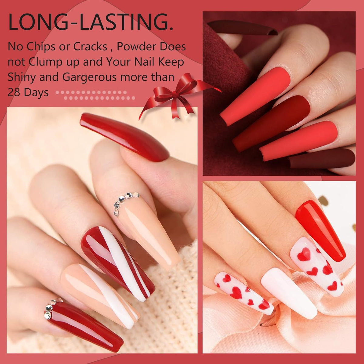 Honey Joy Dip Powder Nail Kit Starter,4 Colors Wine Red Glitter Dark Barn Red Dipping Powder Liquid