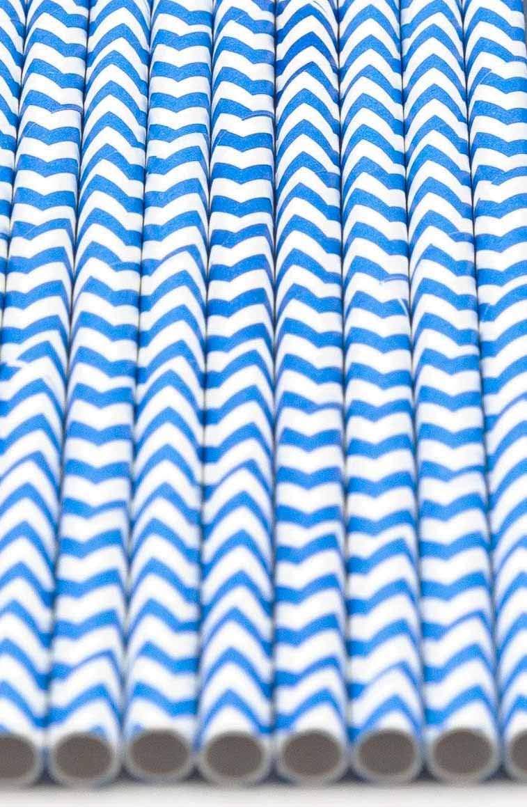 Pack of 300 Sky Blue Chevron Biodegradable 4-Ply Paper Drinking Straws (Compostable, Non-toxic