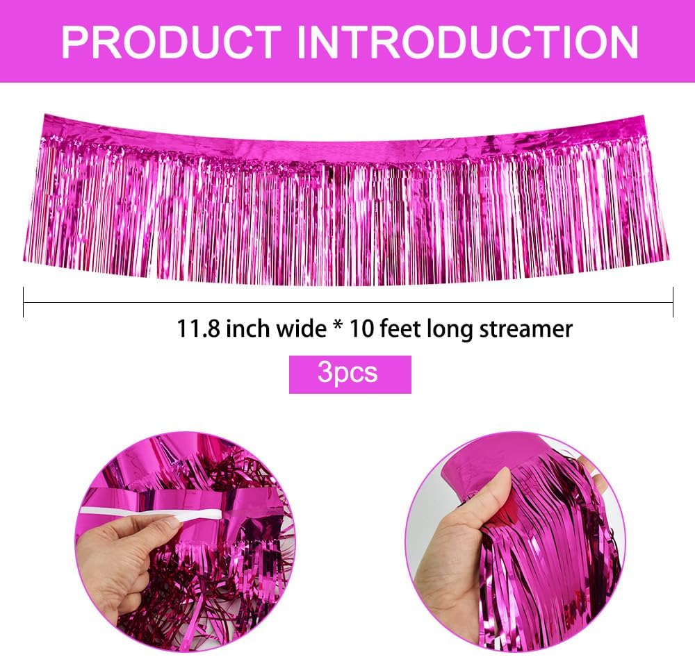 BEISHIDA 3 Packs Metallic Foil Fringe Garland Rose Red Wall Hanging Tinsel Fringe Banners for Car
