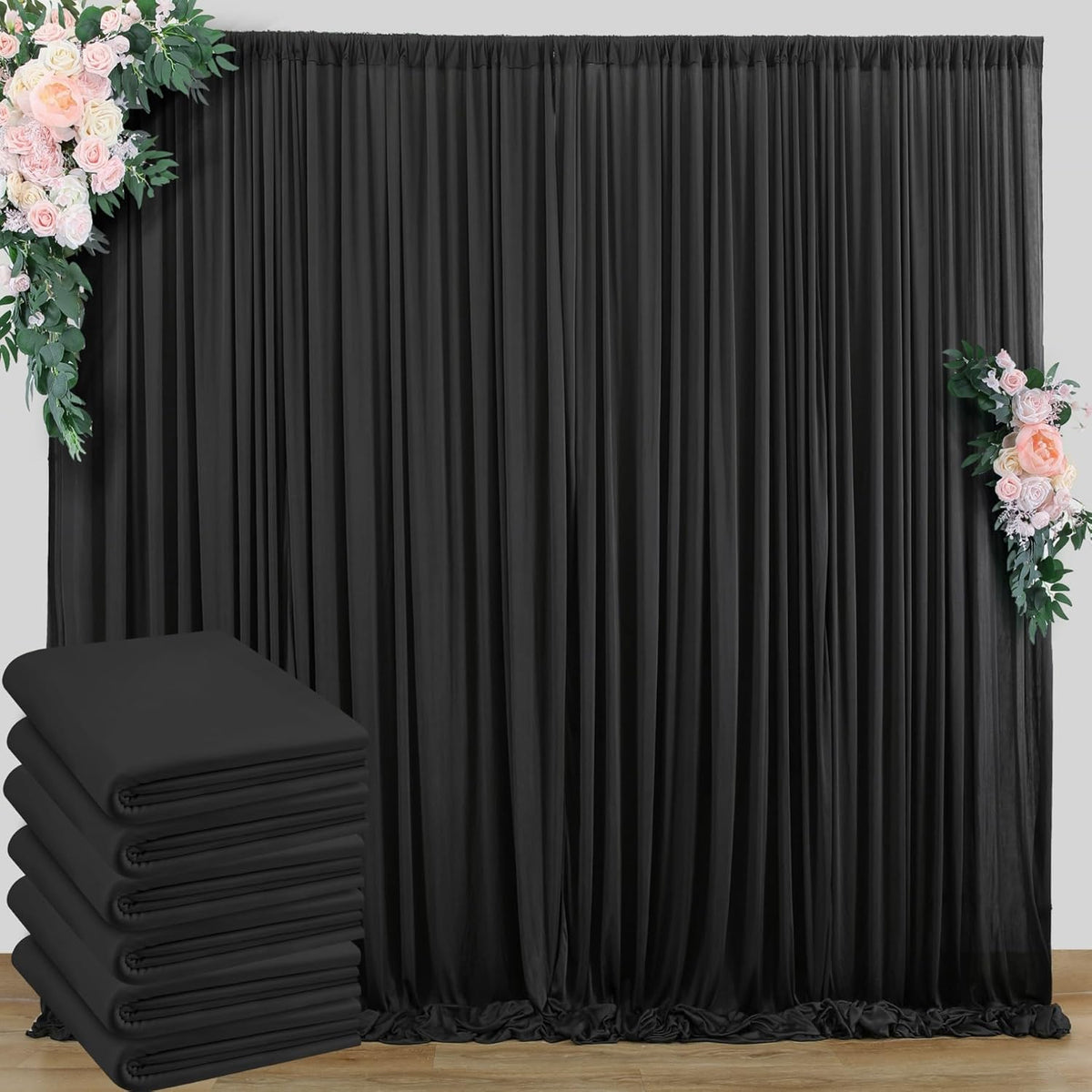 30 ft x 10 ft Wrinkle Free Black Backdrop Curtain for Parties, 6 Panels 10ft Polyester Black Photo