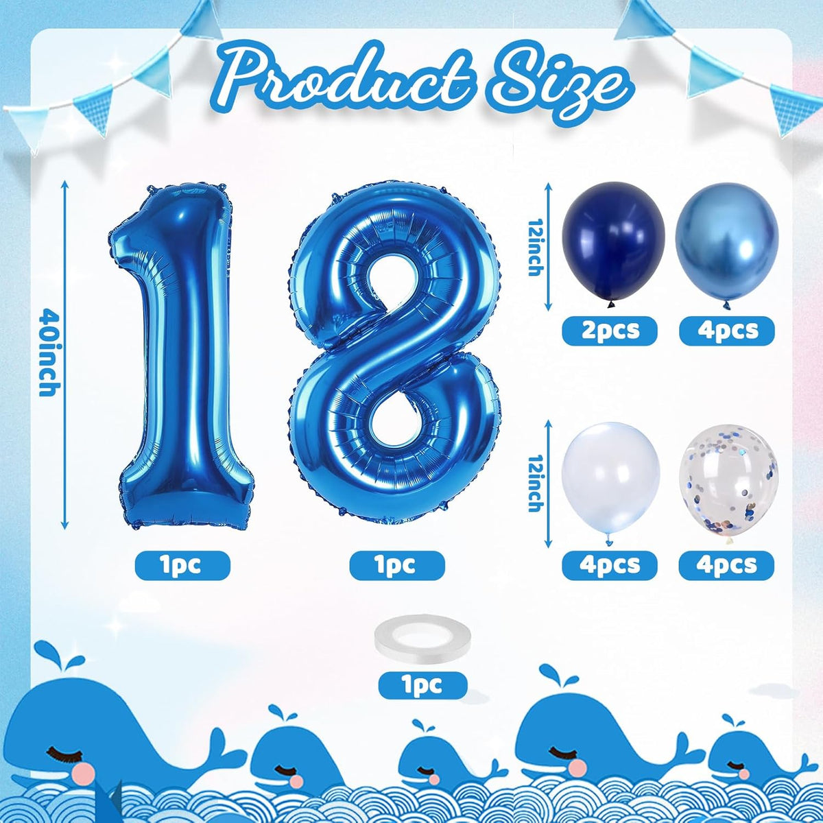 Navy Blue 18 Balloons, 40 Inch Dark Blue Foil Number 18 Balloon Set, XXL Self Inflating 18 Helium