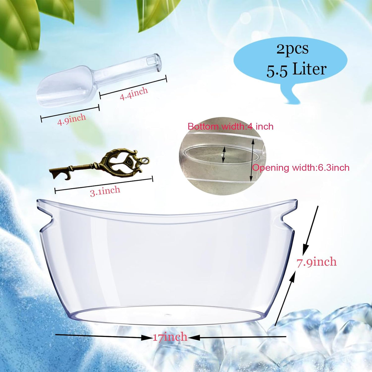 2 PCS Ice Bucket,Acrylic Ice Buckets for Parties,5.5L Extra Large Clear Champagne Beer Tub Mimosa