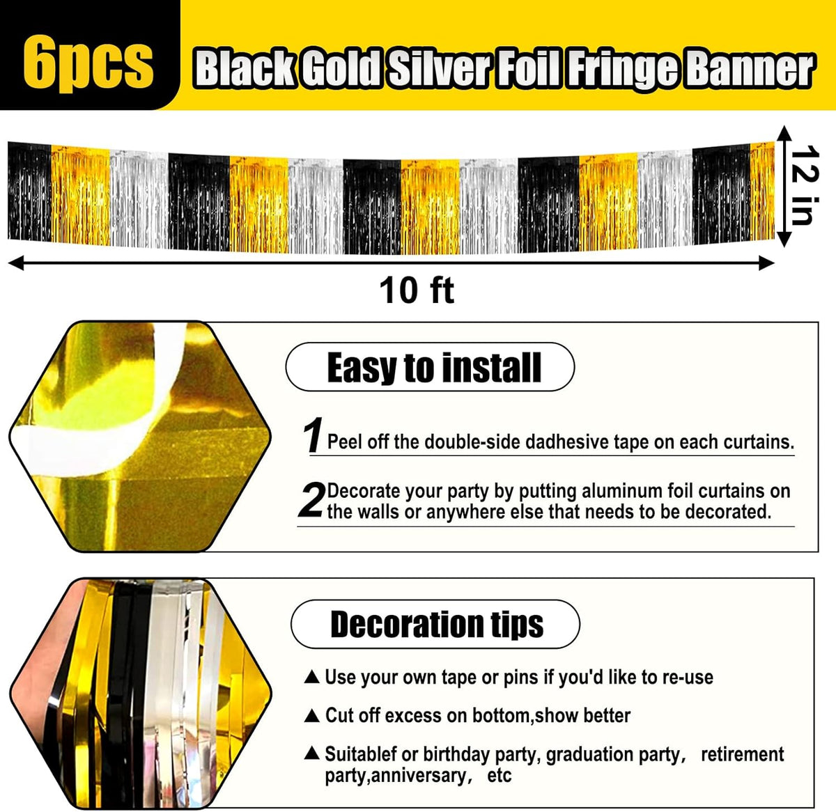 6 Pack 10 Feet Black Gold Silver Foil Fringe Garland Metallic Tinsel Streamers Banner Wall Hanging