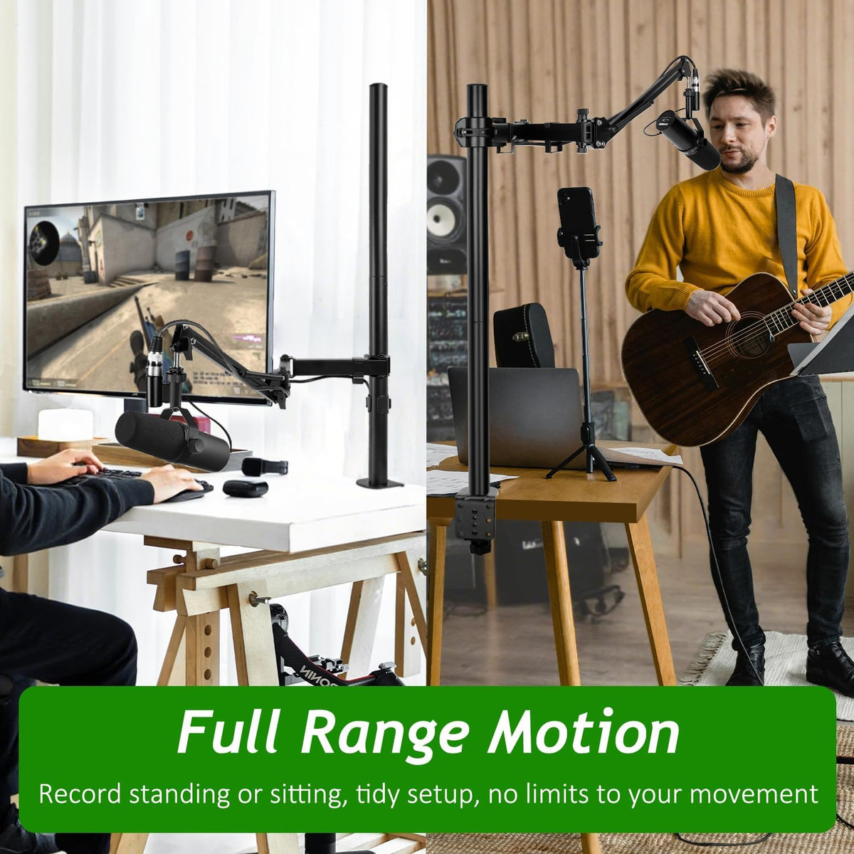 Mic Boom Arm, Adjustable Height Overhead Microphone Stand with Heightened Extension Riser for Shure