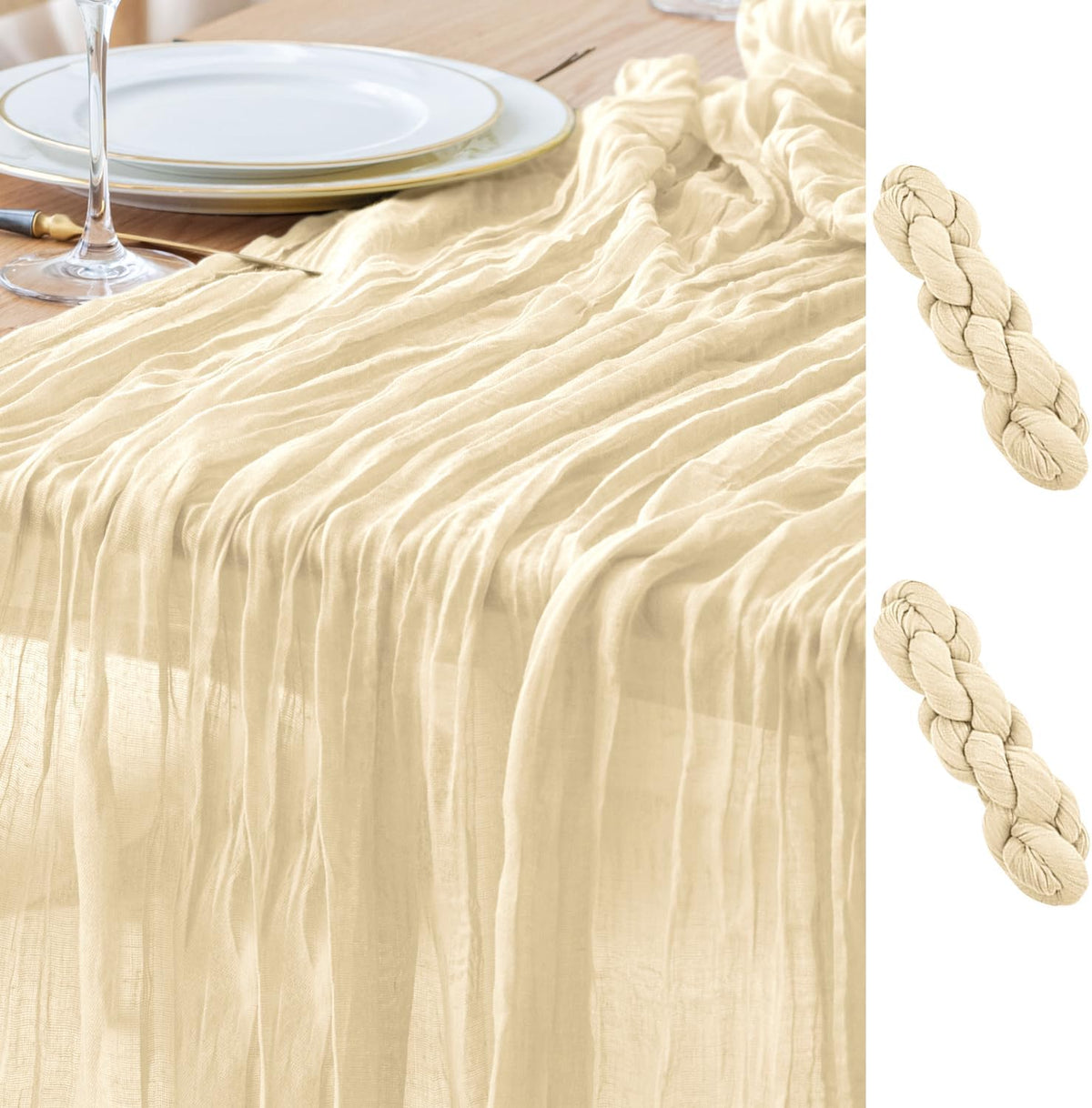 Asee'm 2pcs Cheesecloth Table Runner 120 Inches Long Beige Boho Gauze Cheese Cloth Runner 10FT