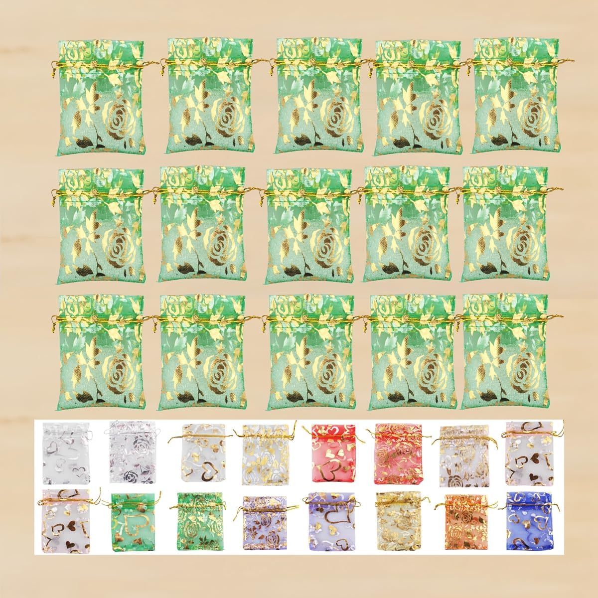 QIANHAILIZZ 100 Pack 2.8 x 3.5 Inch Flower Heart Organza Jewelry Gift Pouch Candy Pouch Drawstring