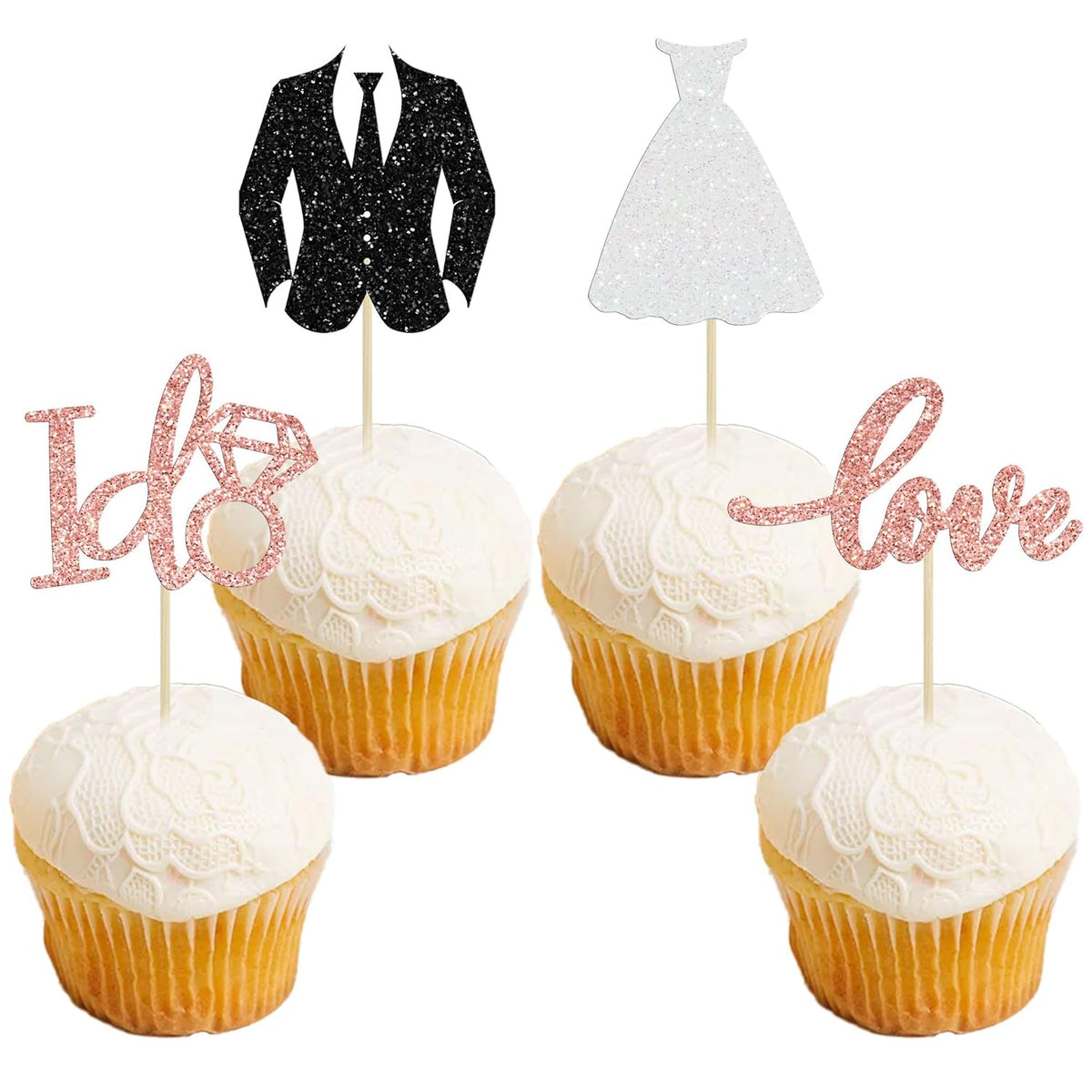 Gyufise 24 Pack Wedding Cupcake Toppers Glitter Groom and Bride Love I Do Cupcake Picks for Bridal