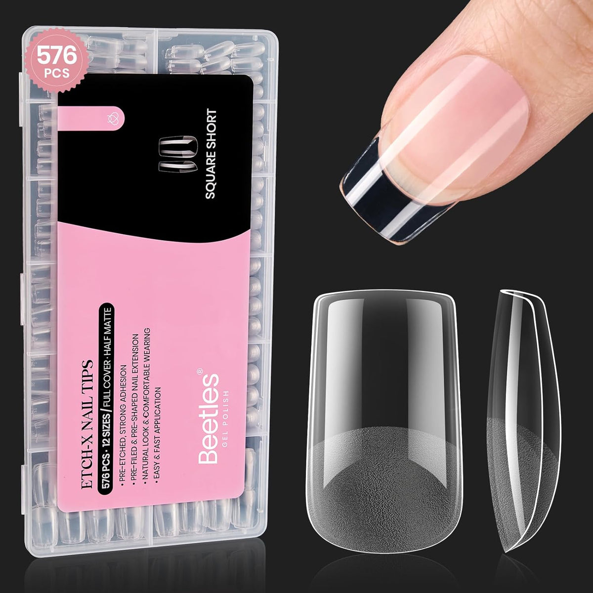 Beetles Gel Nail Tips Etch-X, Square Short, 576Pcs 12 Sizes, Pre-Shaped Half Matte Full Cover Soft