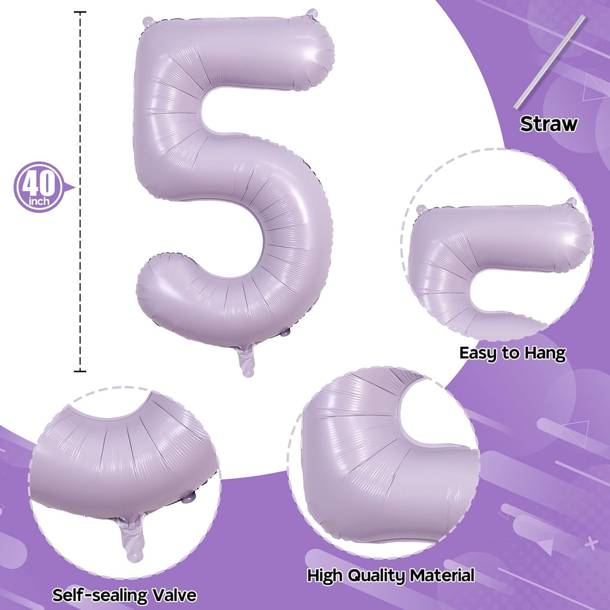 Light Purple 15th Birthday Balloons, 40 Inch Dusty Pastel Purple Mylar Foil Number 15 Balloons for