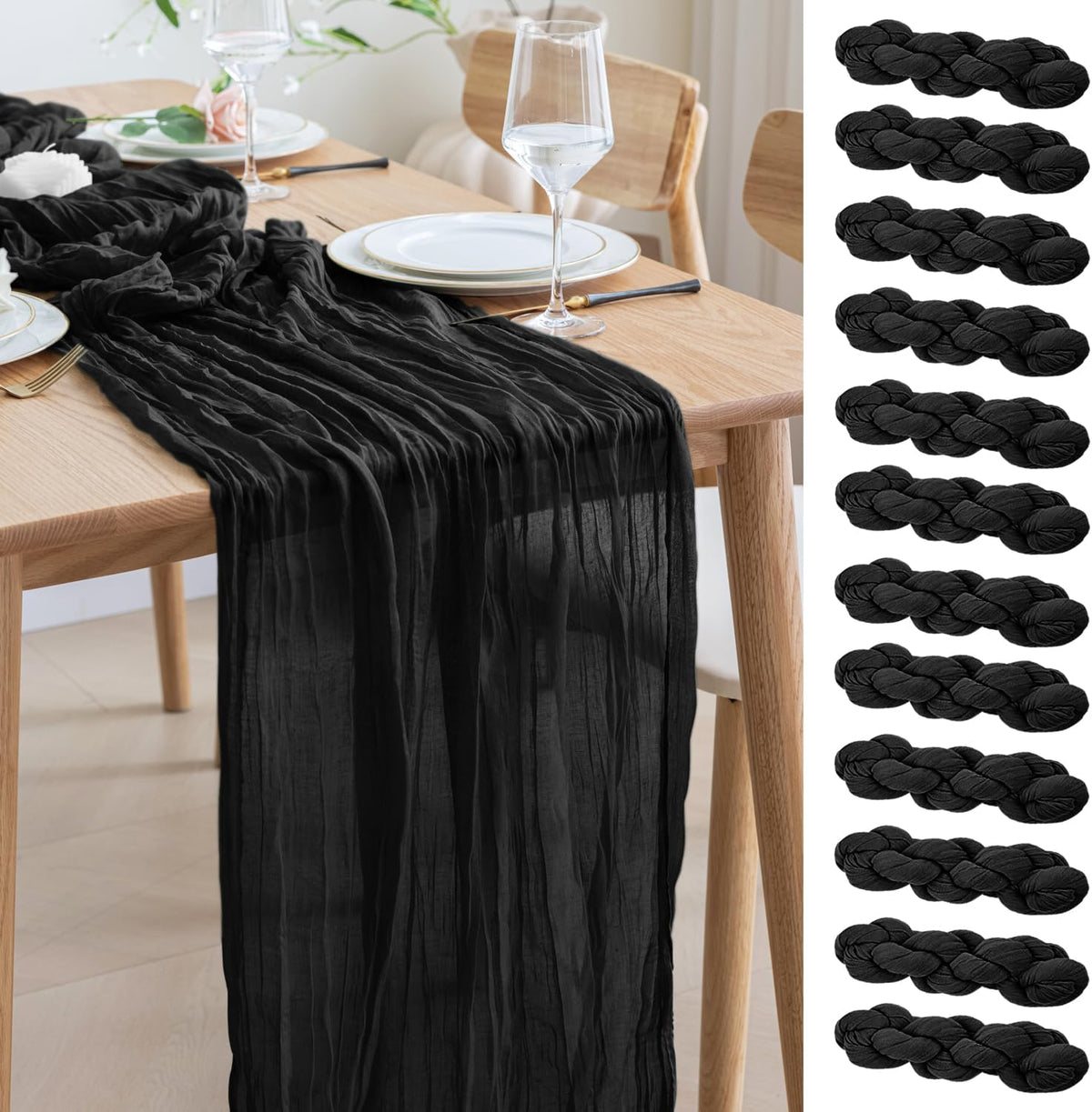 Asee'm 12pcs Cheesecloth Table Runner 120 Inches Long Black Boho Gauze Cheese Cloth Runner 10FT