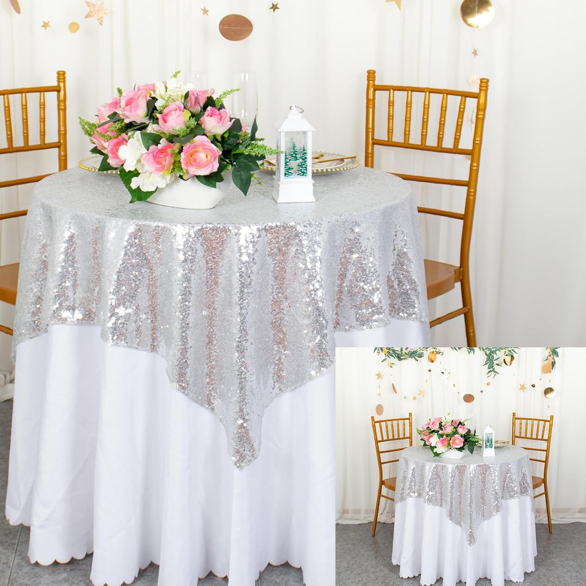 ShinyBeauty Silver Tablecloths 36X36 Inch 2 Pieces Sequin Table Cloth for Party Sparkle Table