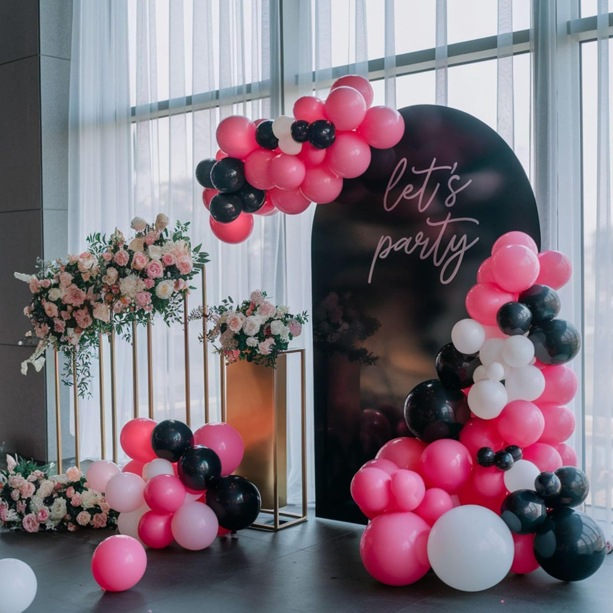 Pink and Black Balloons, 12 Inch Pink Black Balloons, Hot Pink White Pastel Confetti Latex Balloon