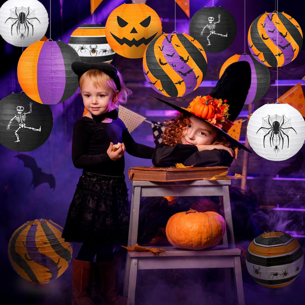 ADLKGG Halloween Party Decorations, Black Orange Purple Hanging Spider Bat Pumpkin Skeleton Paper
